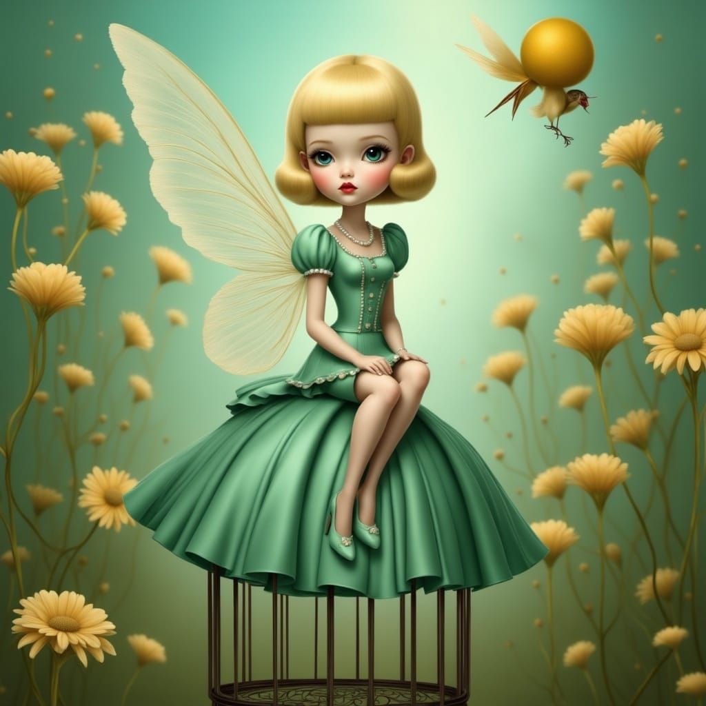 Hyper Realistic Fairy in 1950s-Inspired Bob Sits Elegant on....