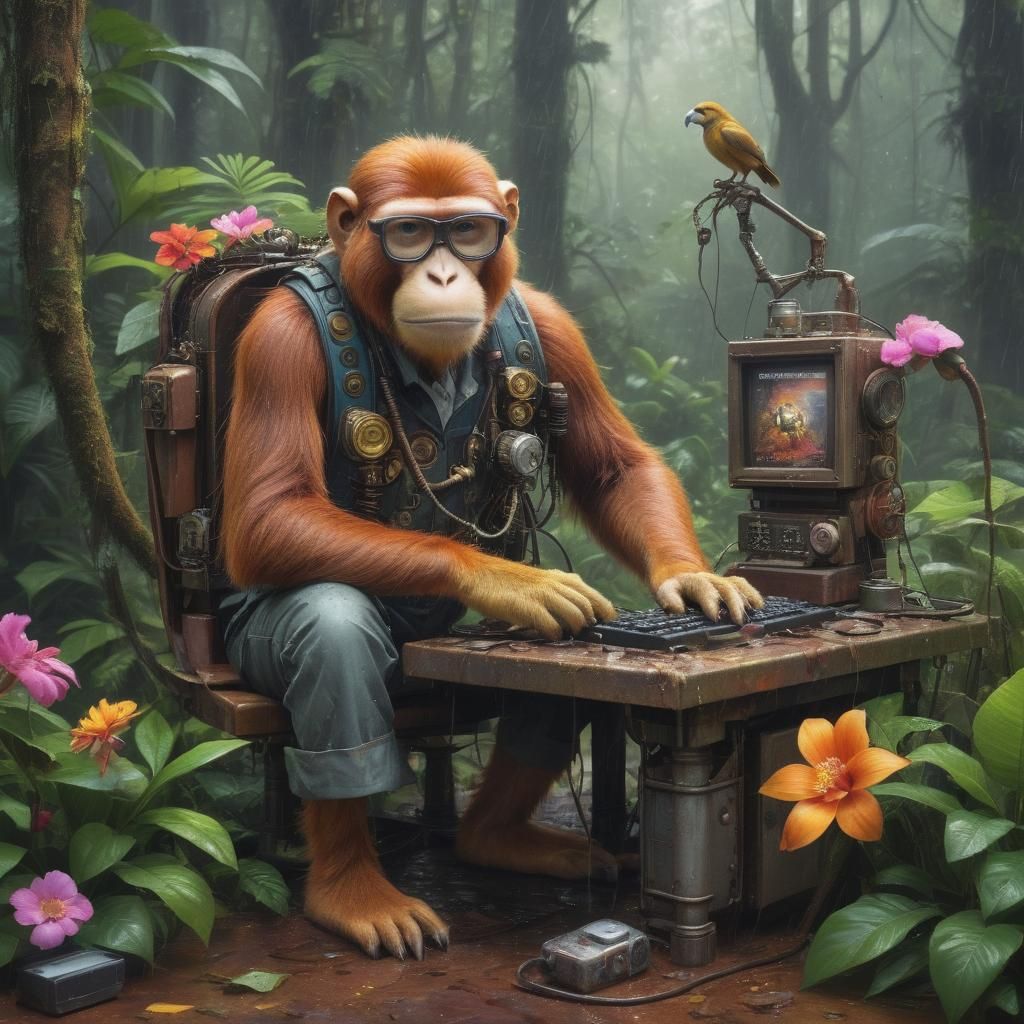 Steampunk Computer in Rainforest Operated by Monkey
