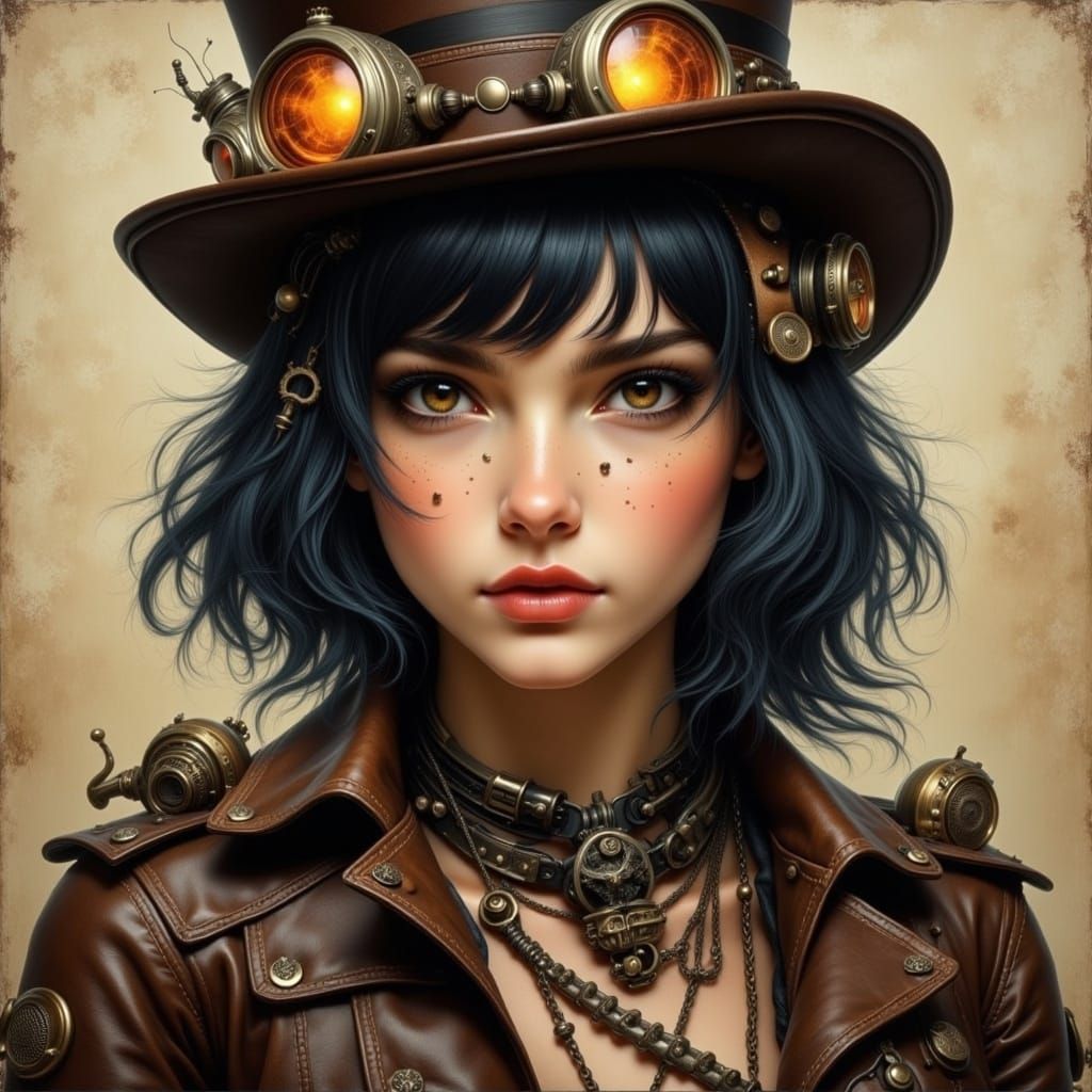 Steampunk Woman in Leather Outfit as Oil Painting