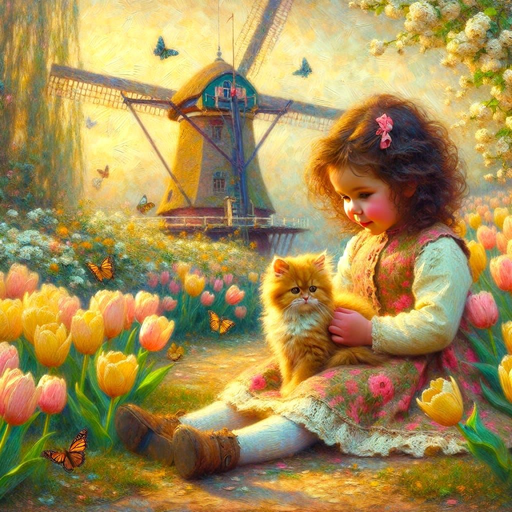 Impressionist Oil Painting of Curly-Haired Child with Ginger...