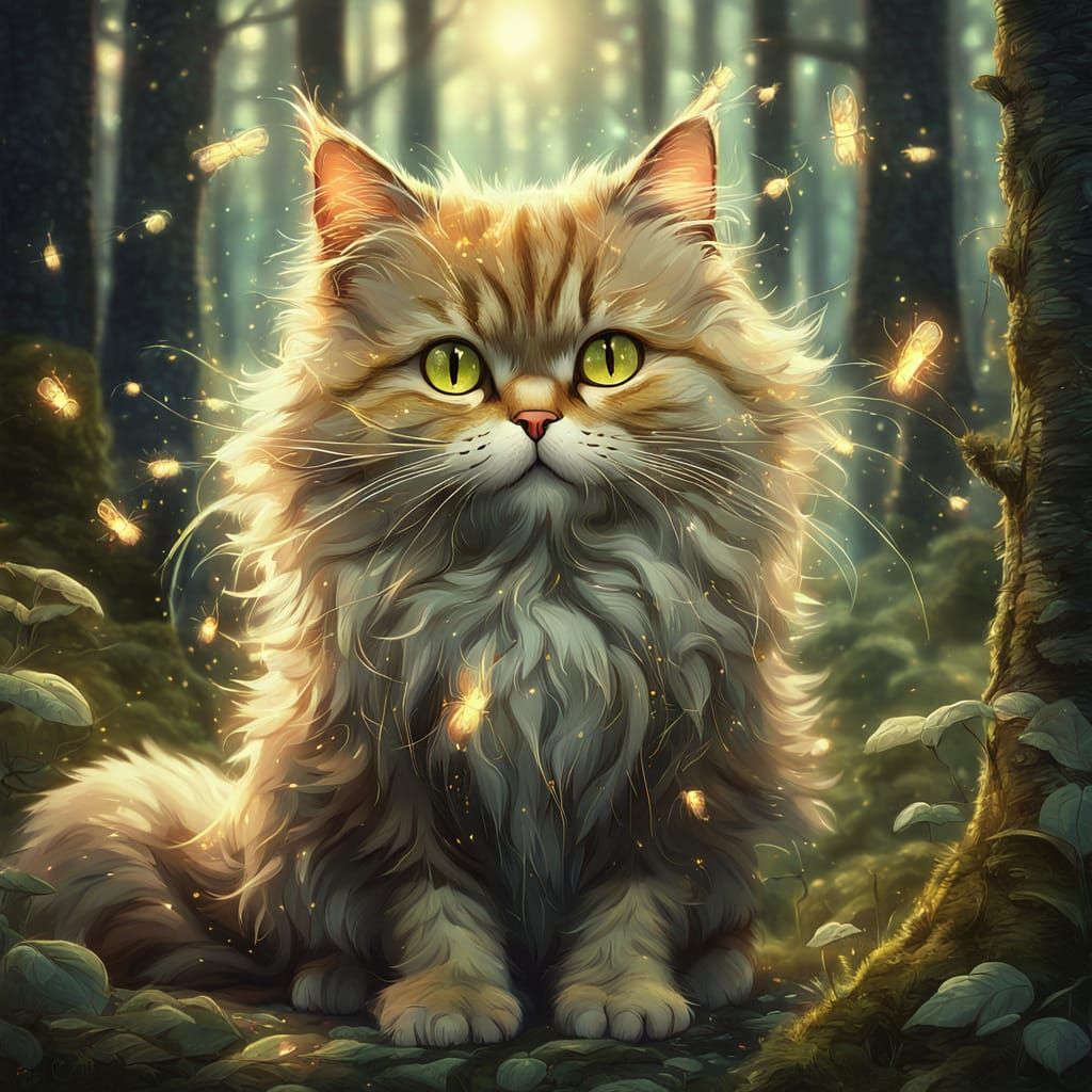 Whimsical Cat Caricature in Forest, Digital Art