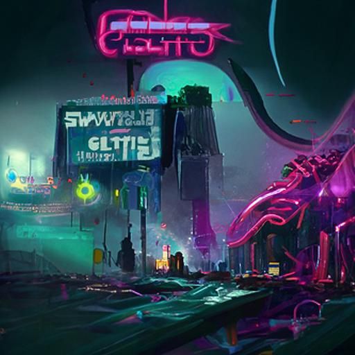 Neon Eldritch Cityscape in Synthwave Style
