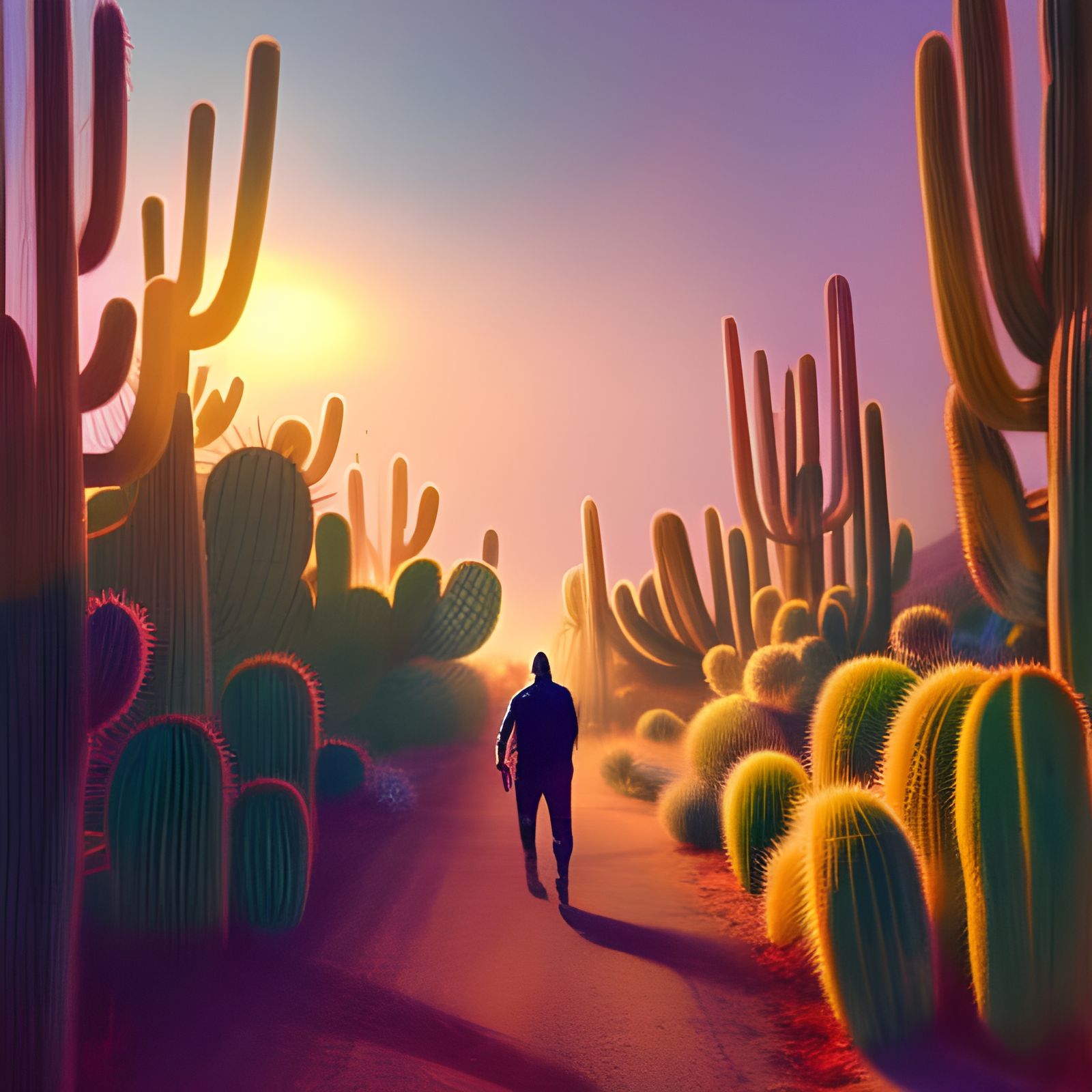 Surreal Cactus Neighborhood at Sunset: A Fantasy Art Piece