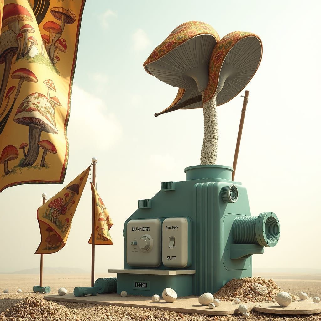 Hyperreal Mushroom Flags in Futuristic Landscape