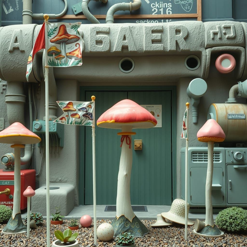 Playful Mushroom Flags and Pink Brutalist Bakery