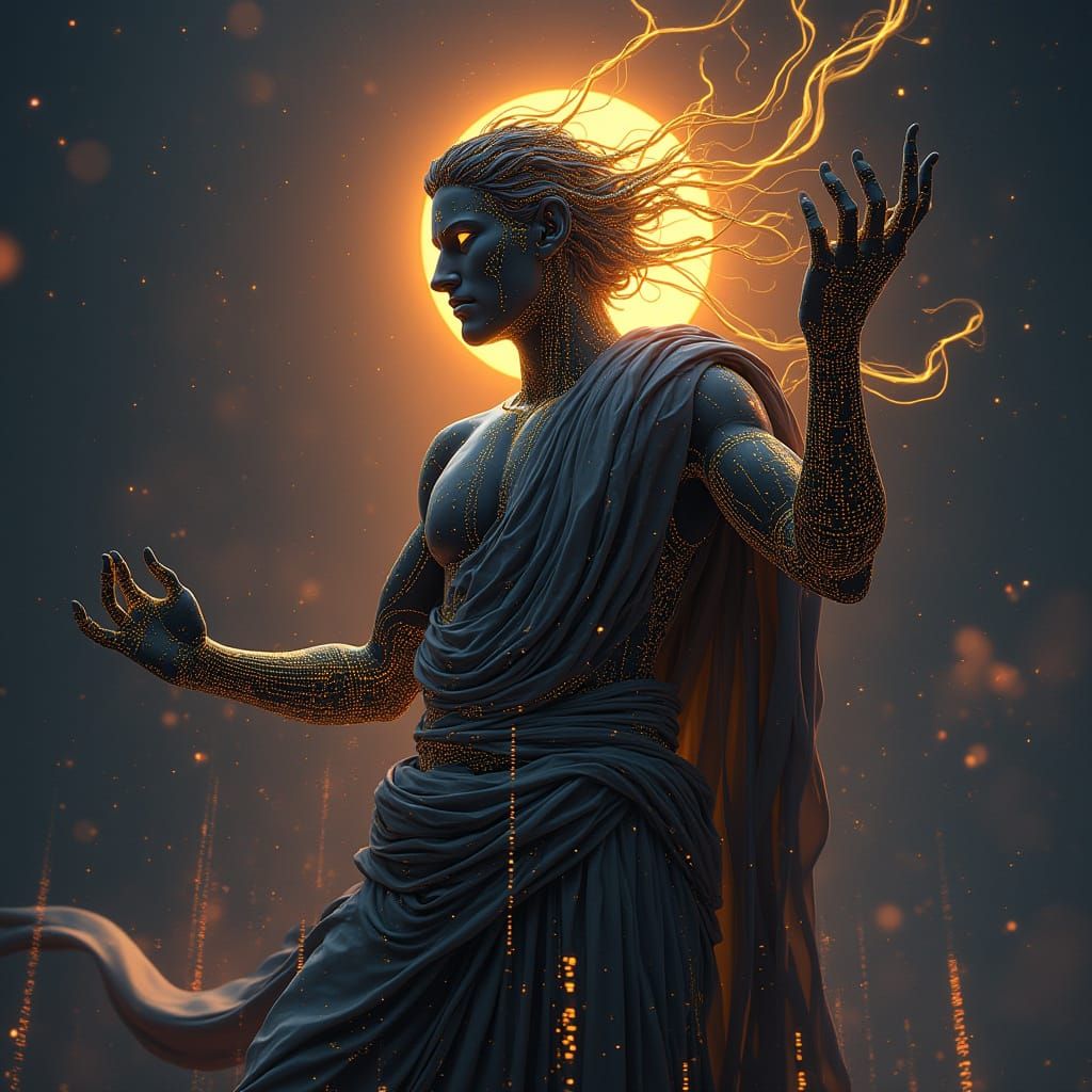 Cyberpunk Greek God Formed from Data Streams