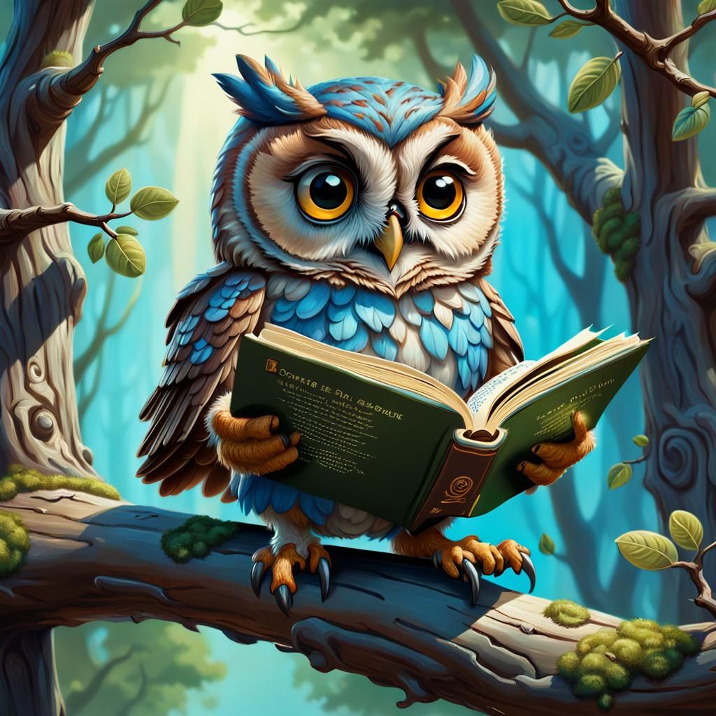 Chibi Owl Reading, Hyperrealistic Oil Painting