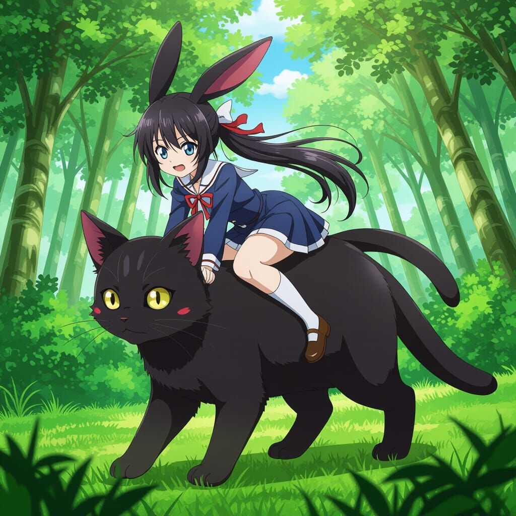 Anime Black Rabbit Riding a Cat Under the Moon