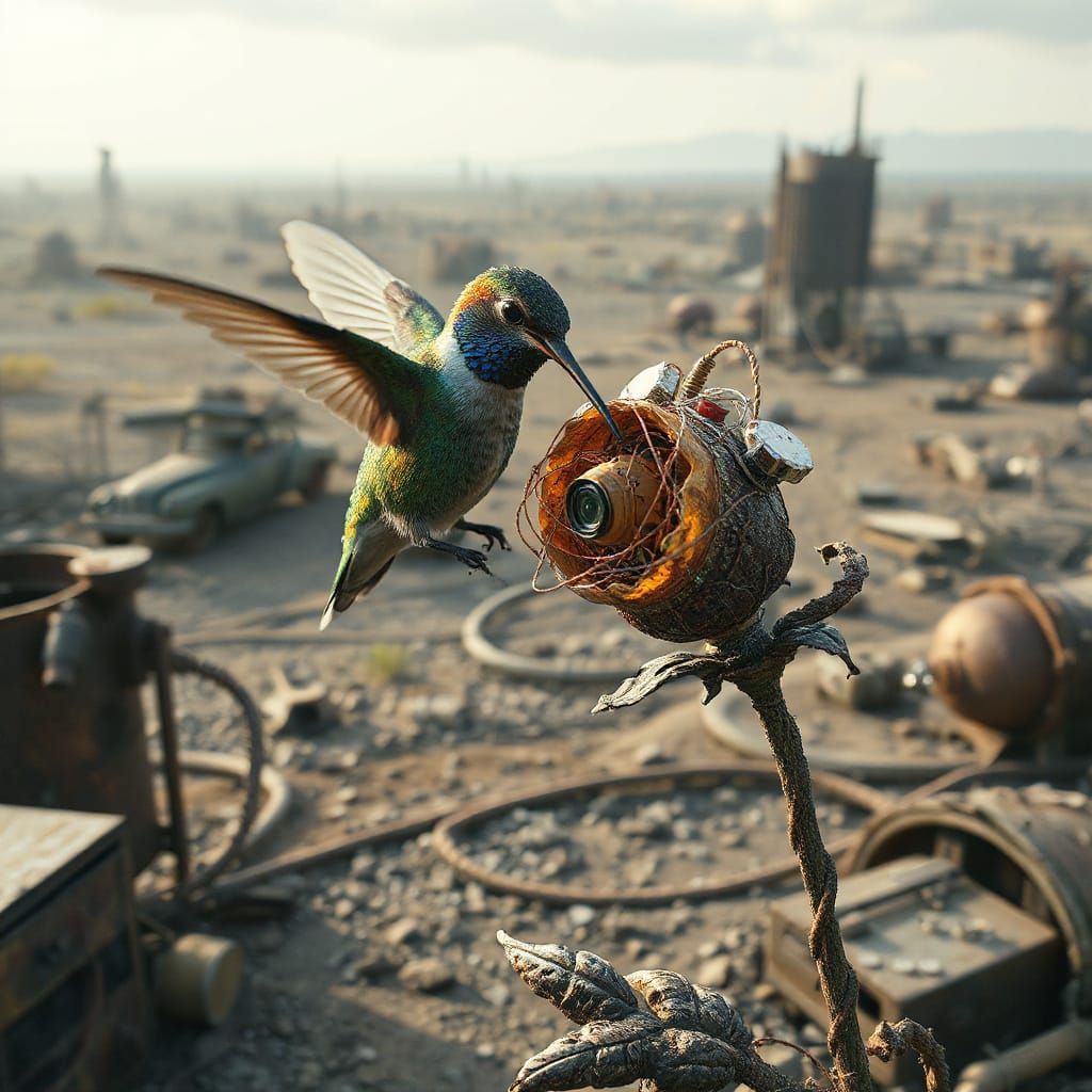 Hummingbird Sips Nectar in Dystopian Wasteland