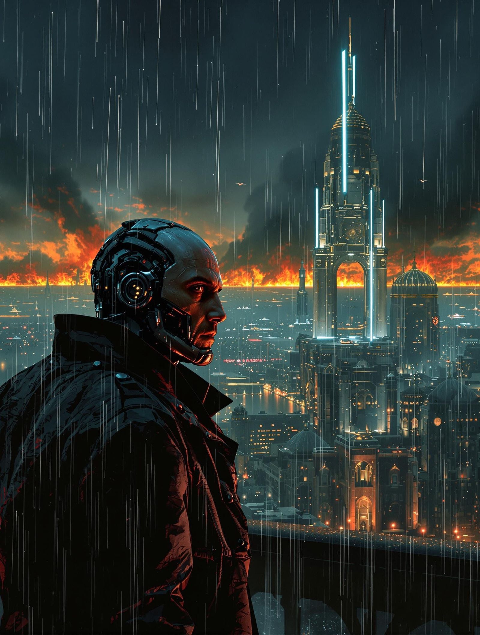 Replicant Gazing at Burning Ships in Dystopian Cityscape