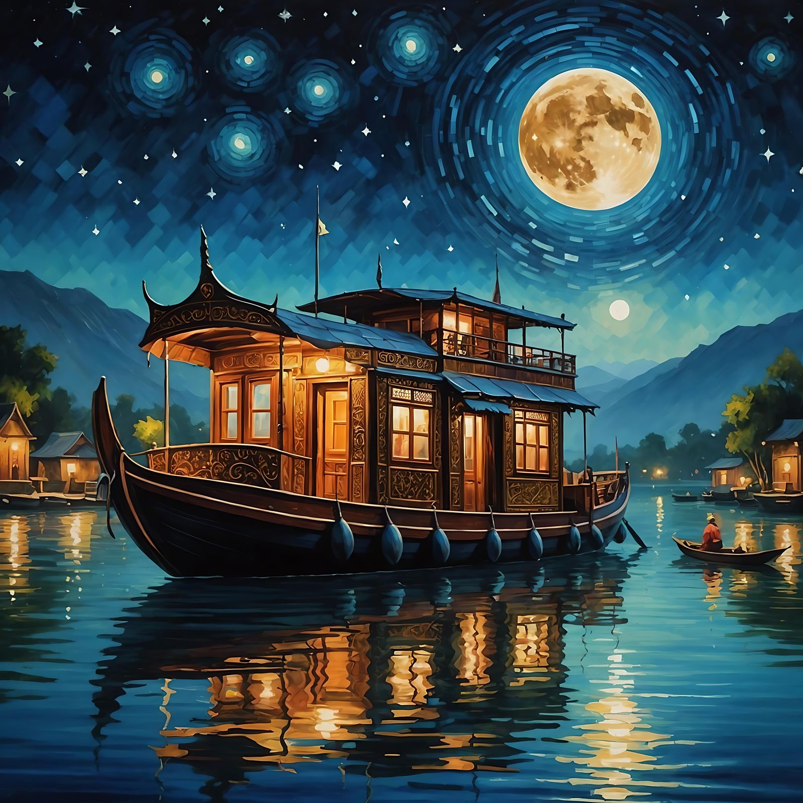 Cozy Shikara Houseboat at Night: Impressionistic Painting
