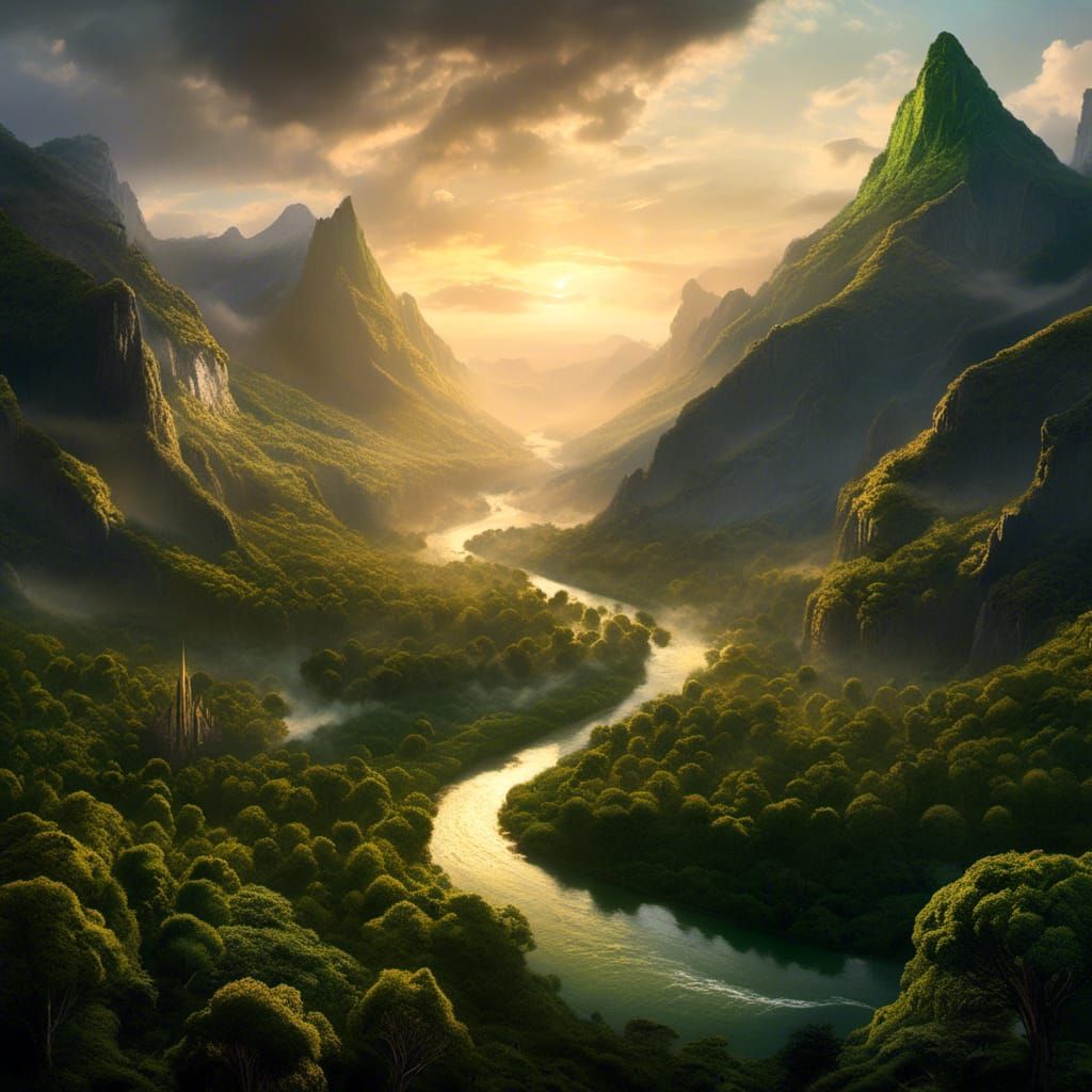 Ossiriand Sunrise: A Coniferous Matte Painting