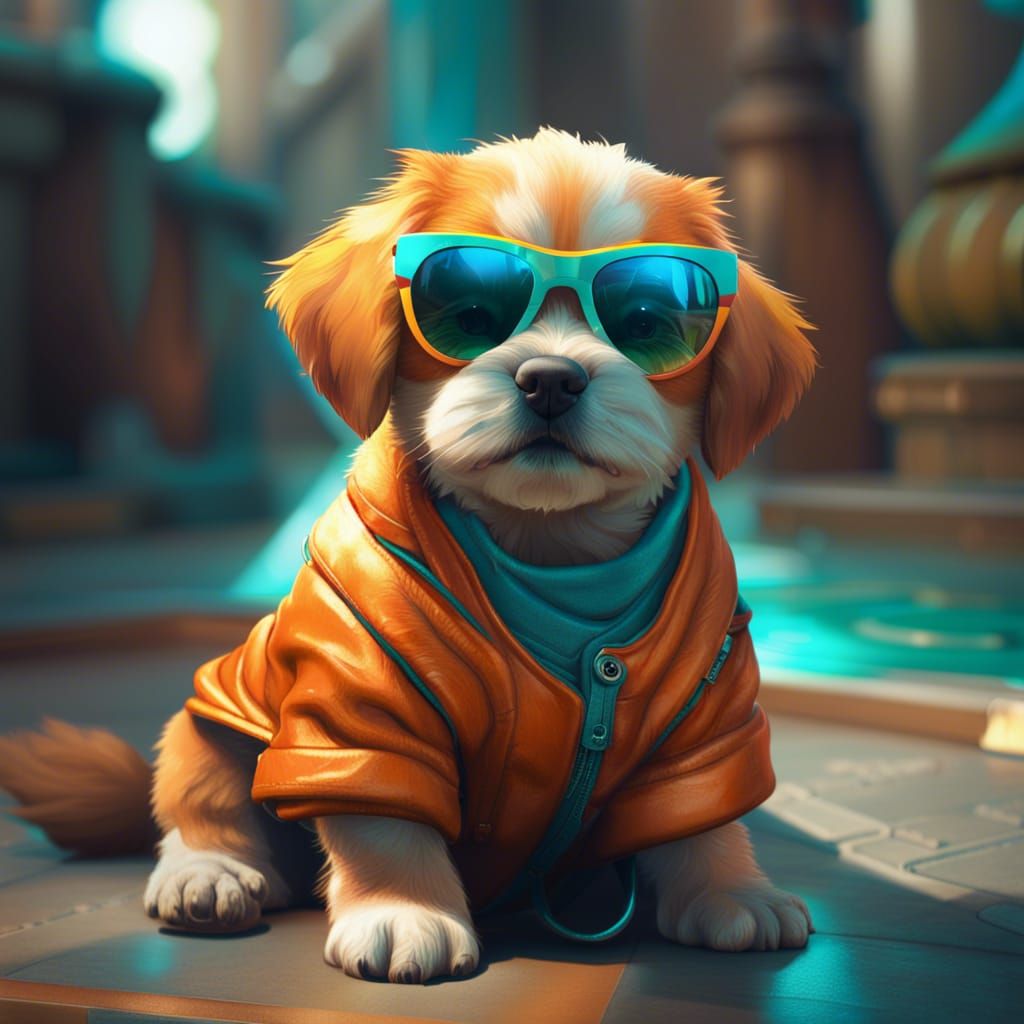 Puppy Wearing Sunglasses: Hyperdetailed Concept Art