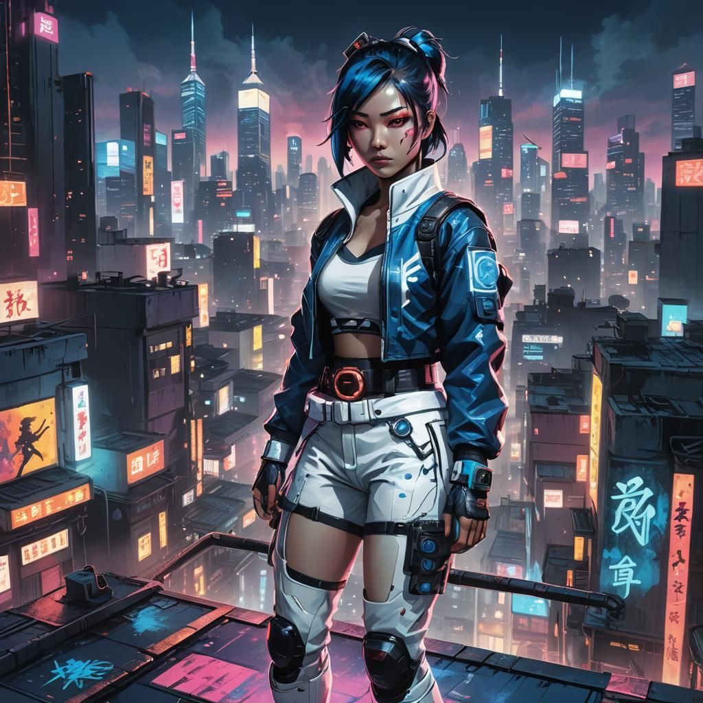 Cyberpunk Kunoichi Overlooking Neon Metropolis