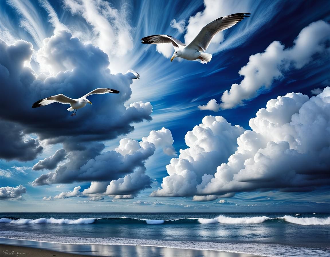 Surreal Blue and White Ocean Scene with Gulls