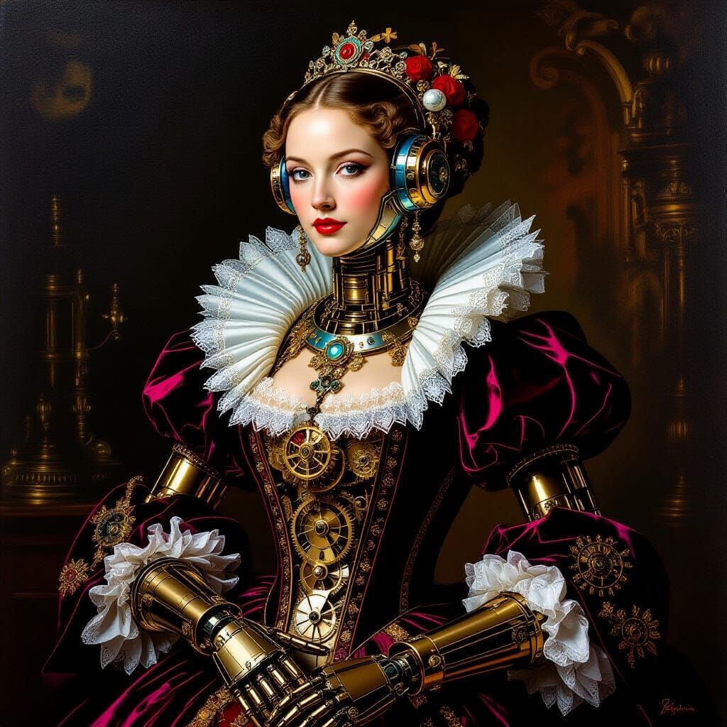 Baroque Robot Woman in Ornate Chamber