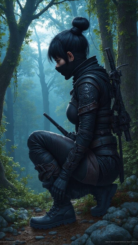 Kunoichi Ninja in Moonlit Forest Oil Painting