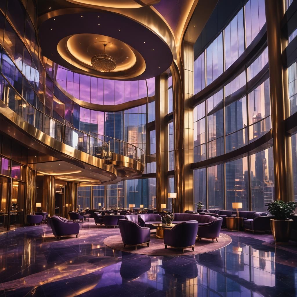 Luxury Hotel Lobby with Cityscape View