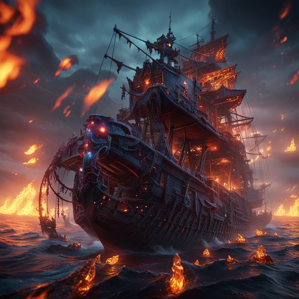 Hell Ship in a Sea of Flames: 3D Render