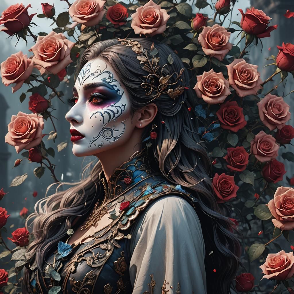 Fantastical Rose Kiss: Detailed Matte Painting in Deep Color