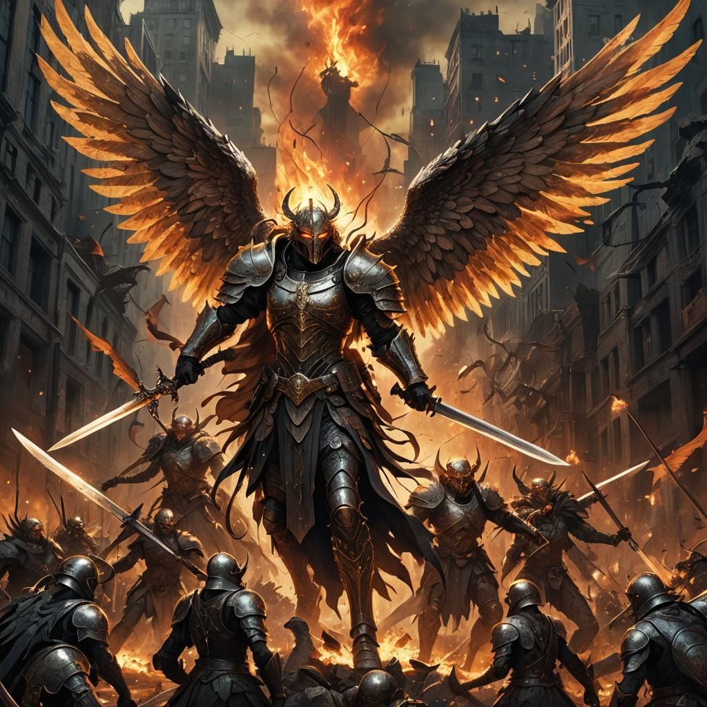 Angel vs Demons in War-Torn City, Digital Art