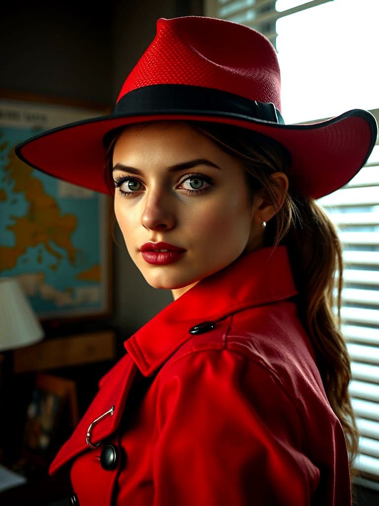 Glamorous Detective Carmen Sandiego in Moody Noir Style