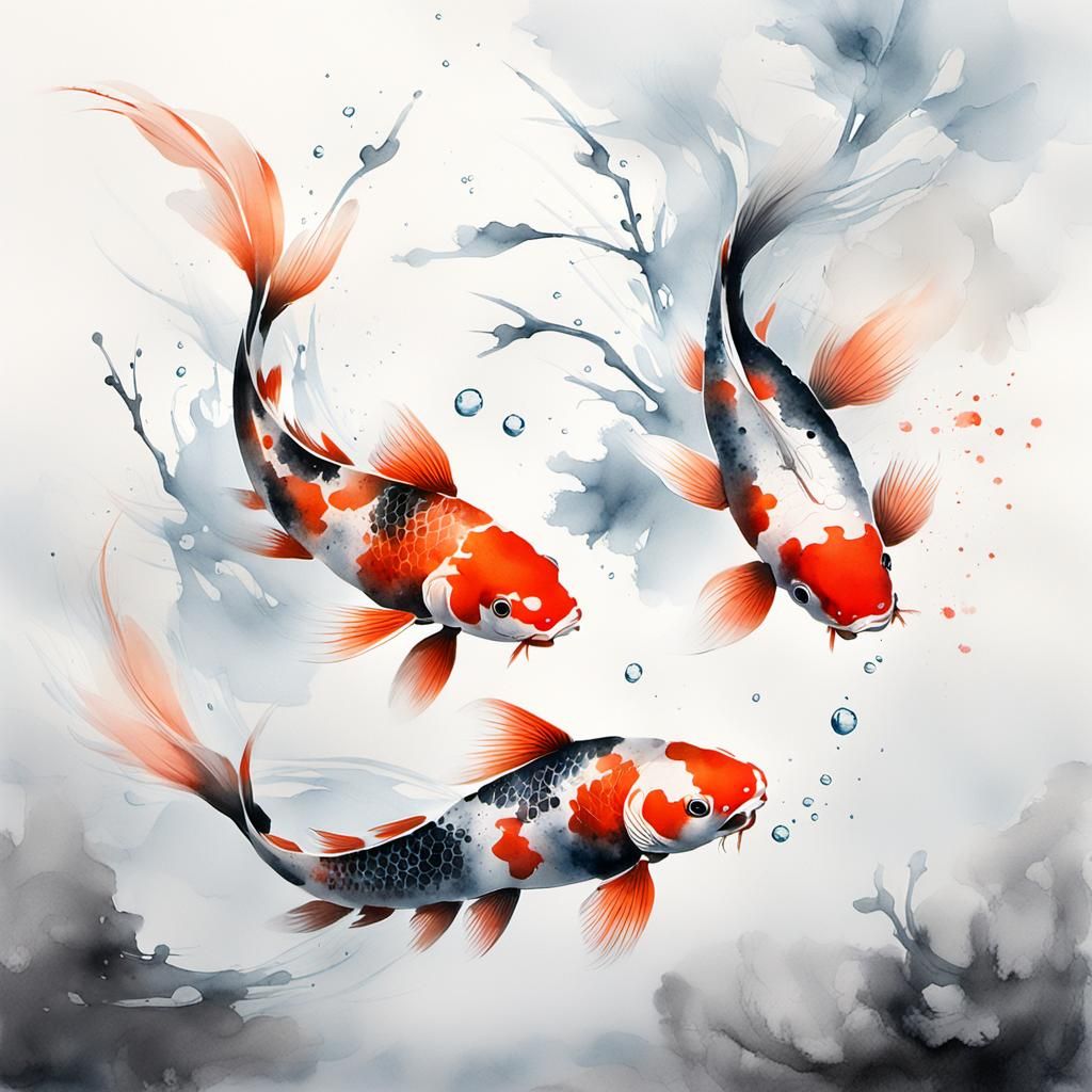 Ethereal Koi Carp in Winter Ink Splash Art