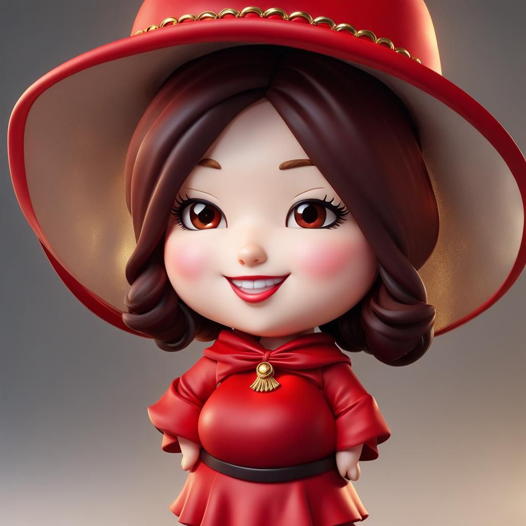 Chibi Woman with Red Hat, 3D Portrait