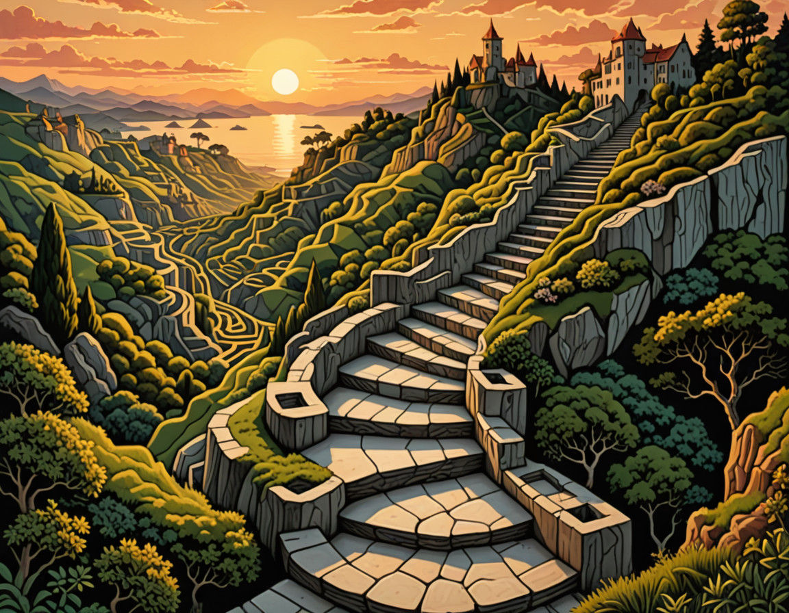 Perspective Stairway Landscape in M.C. Escher Style