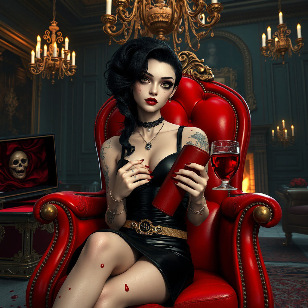 Vampire Girl in Ornate Chair with Blood Droplets