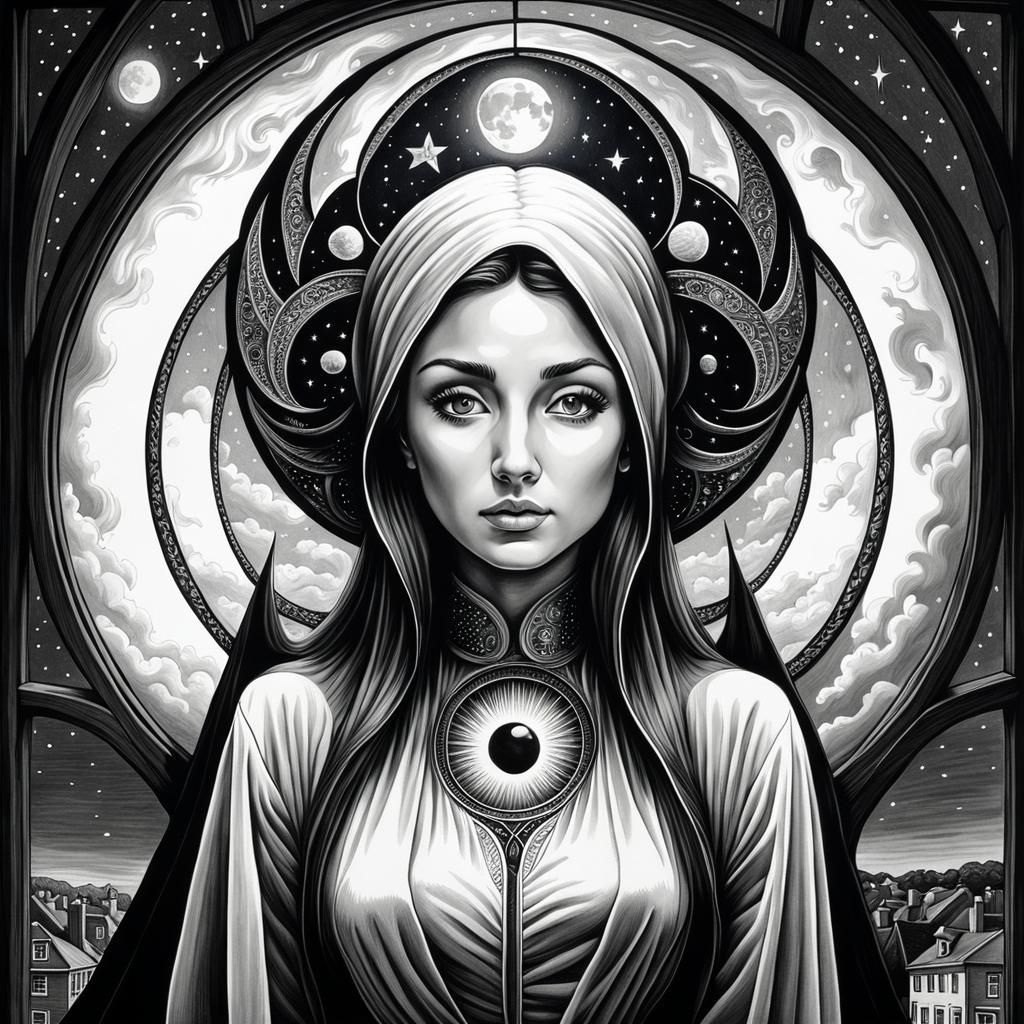 Escher Style Moon Optical Illusion in Black and White