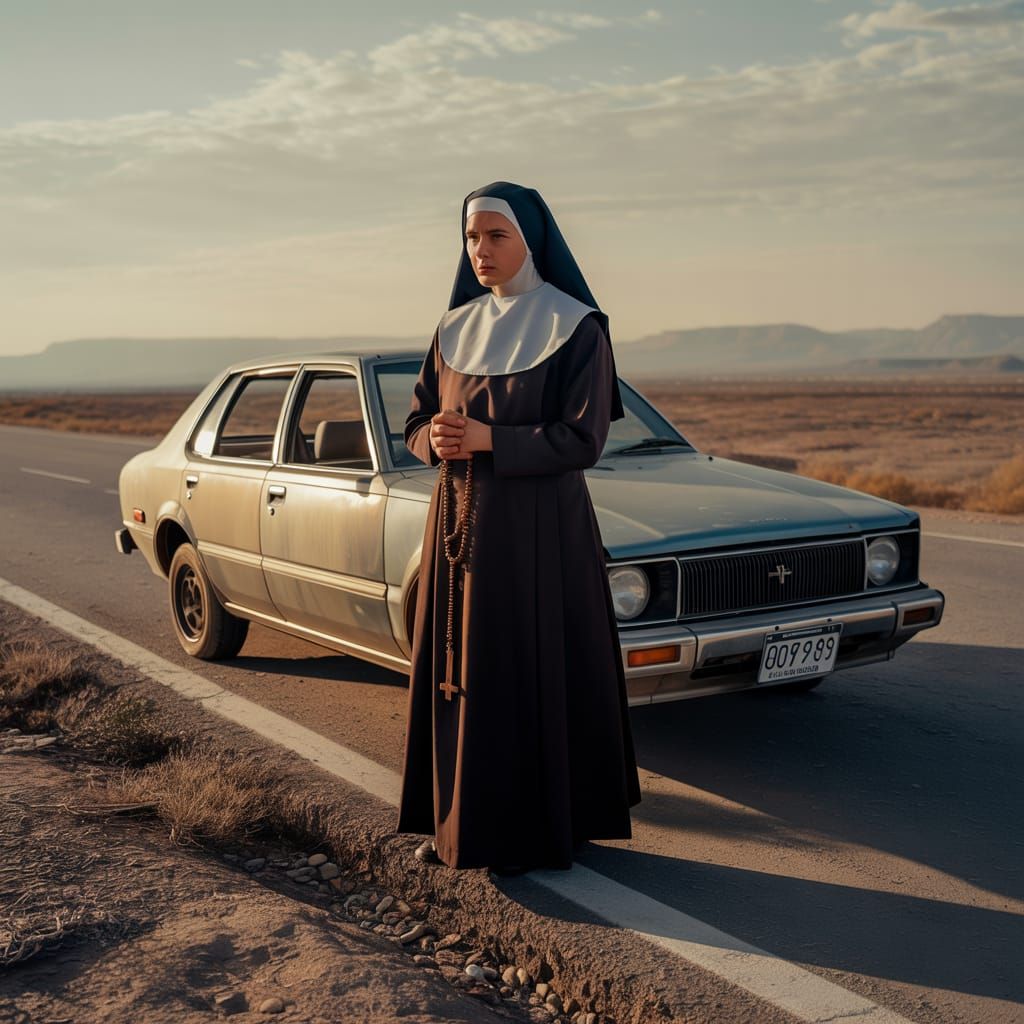 Stoic Nun Guards Broken Down Toyota on Desert Road