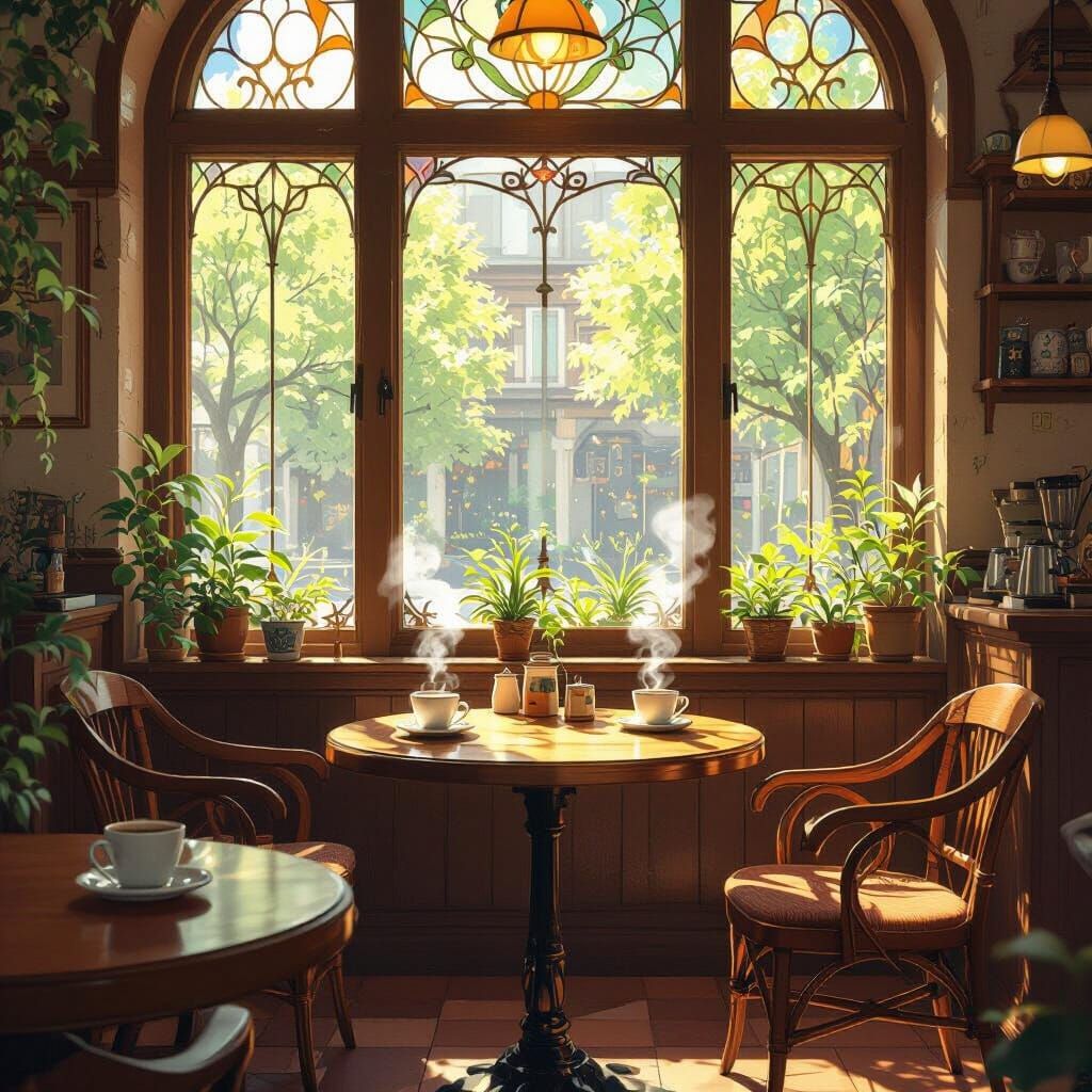 Cozy Cafe Interior with Art Nouveau Window