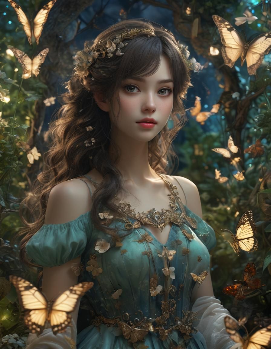 Bioluminescent Butterflies in Fairy Garden Portrait