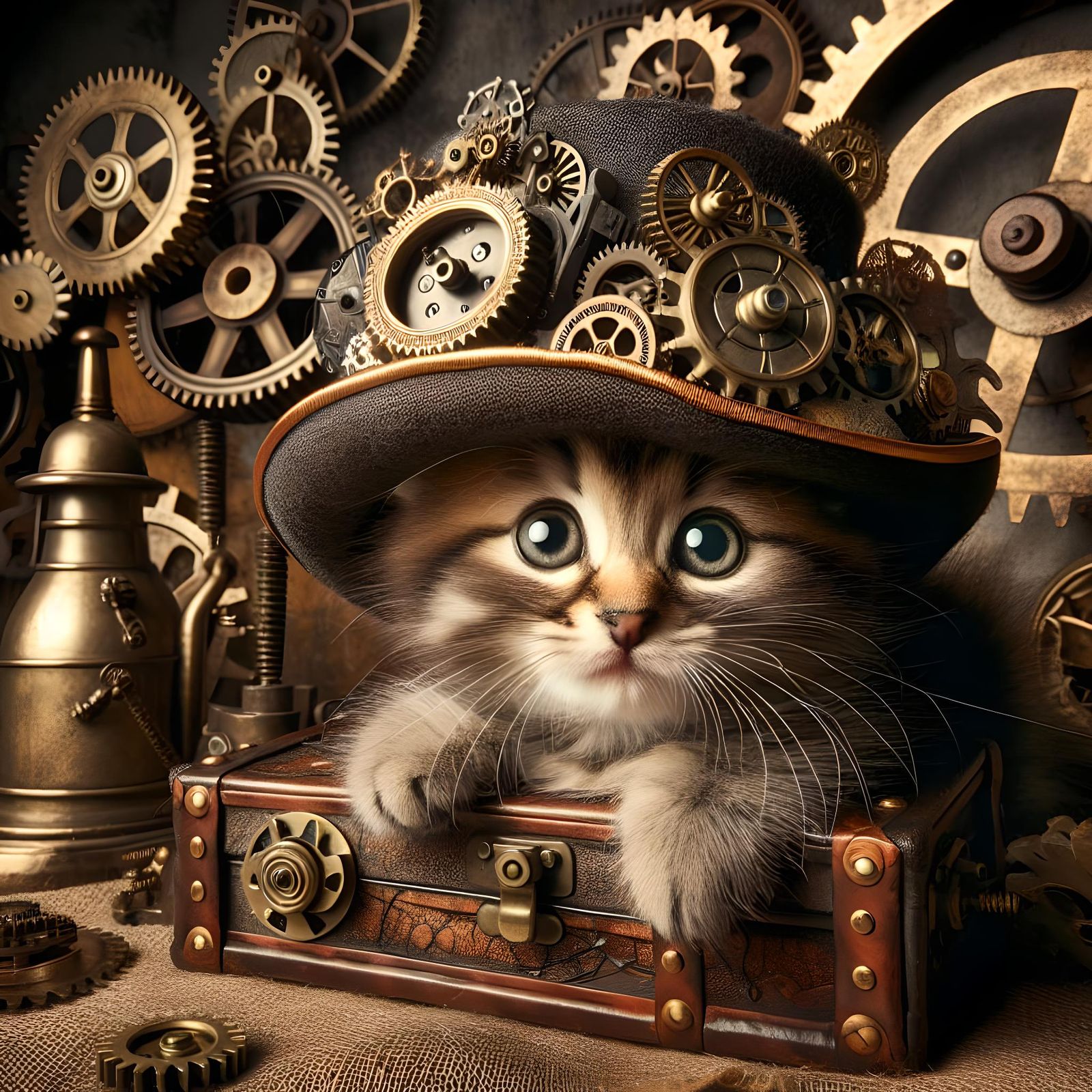 Steampunk Kitten with Gears and Cogs