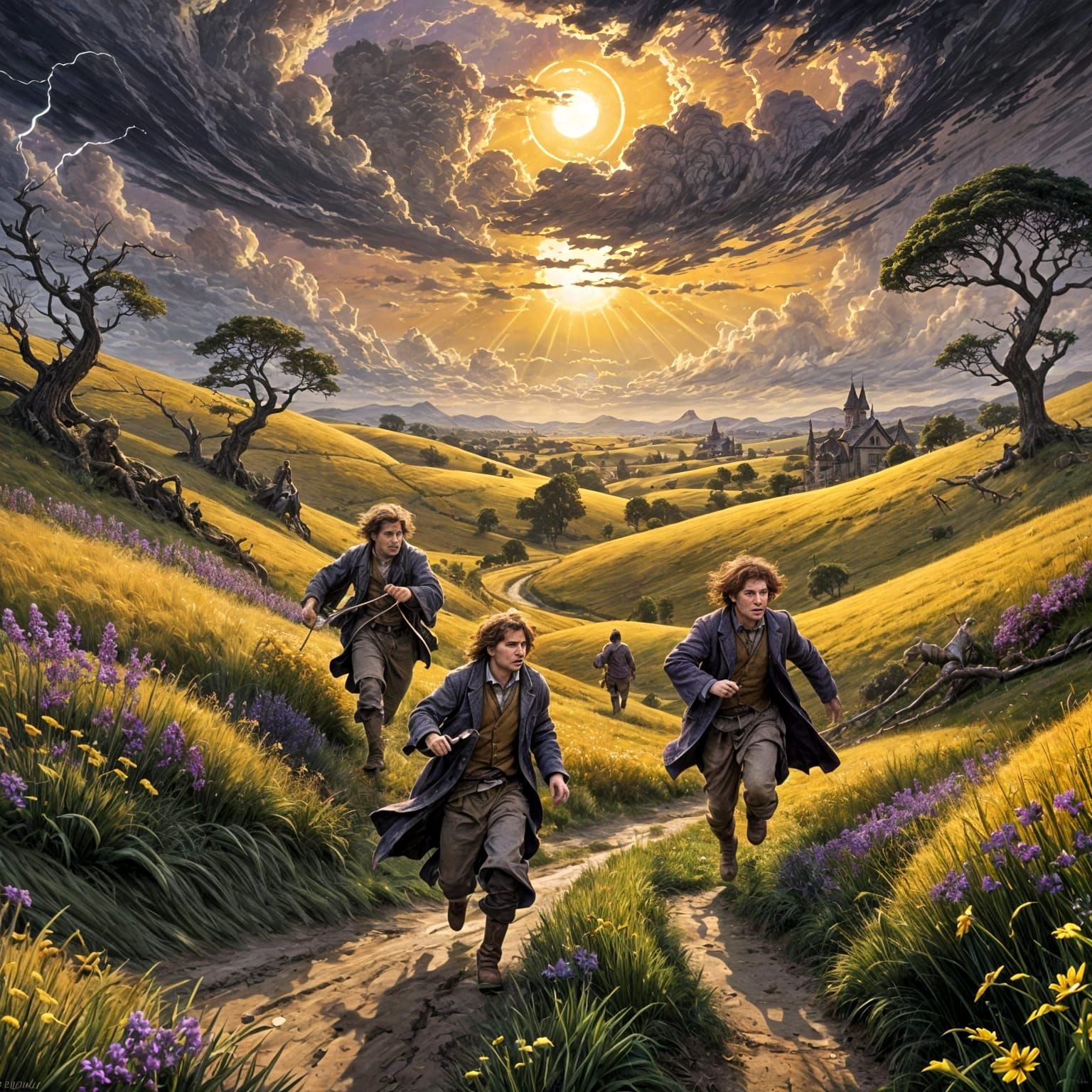 Hobbits Running Through Field: Dark Fantasy Concept Art