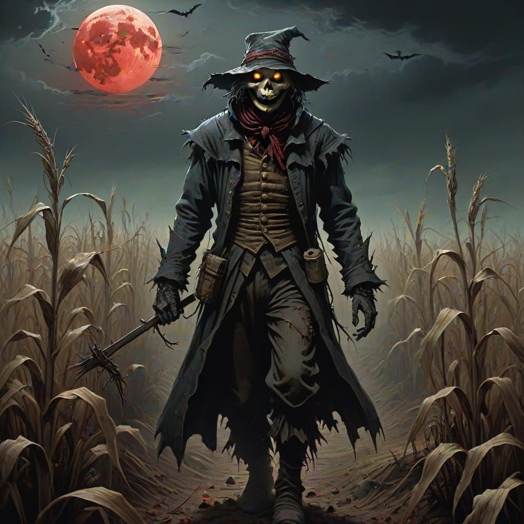 Dark Magic Scarecrow in Surrealist Horror Style