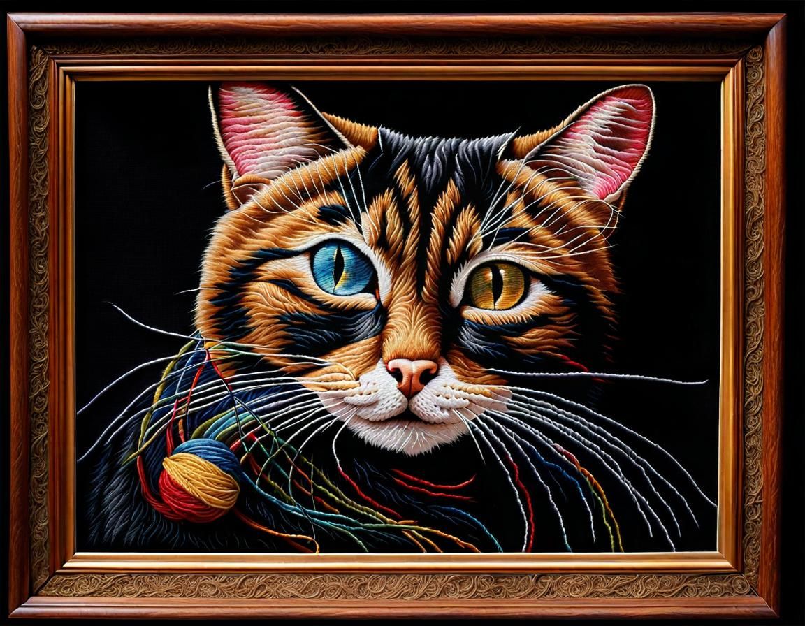 Framed 3D cat embroidery, giving the craft an added dimension