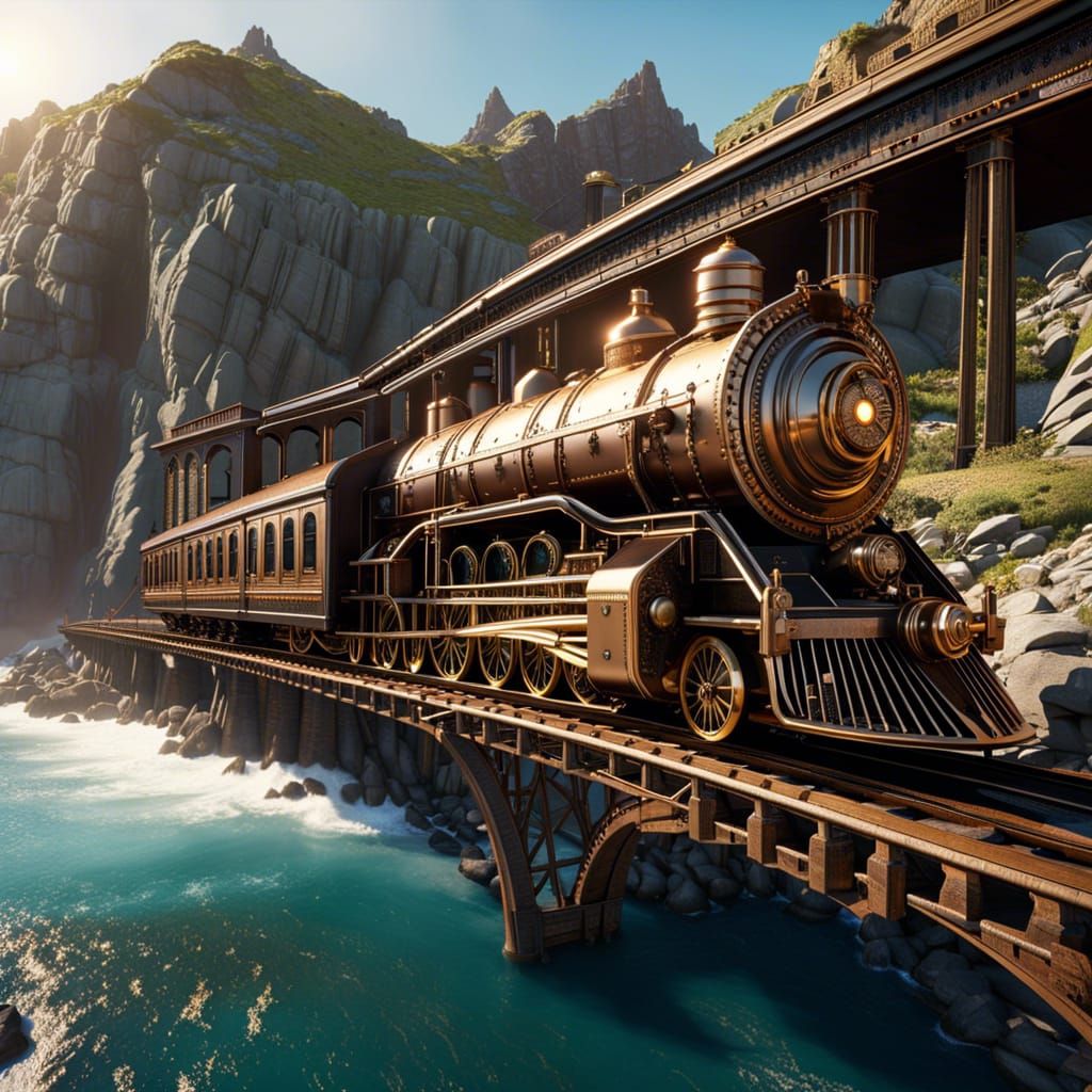 Steampunk Train on Bridge Over Rocky Beach