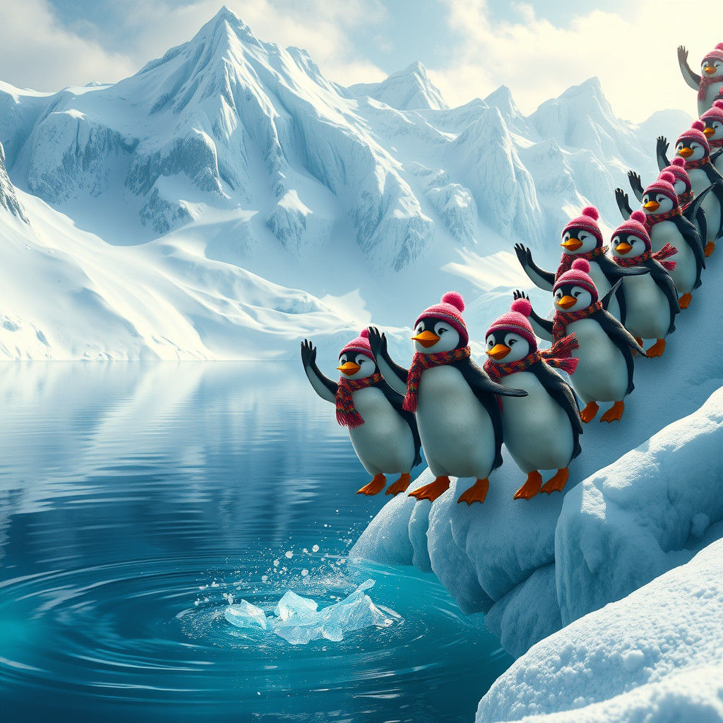 Penguins' Snowy Descent into a Crystal Lake