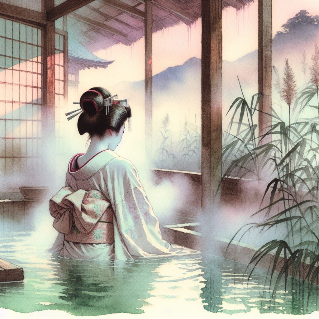 Japanese Geisha in Dreamy Bath House Scene, Nihonga Style