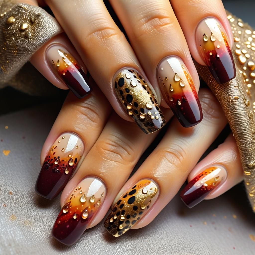 Autumn Nail Art with Gold Cheetah Design