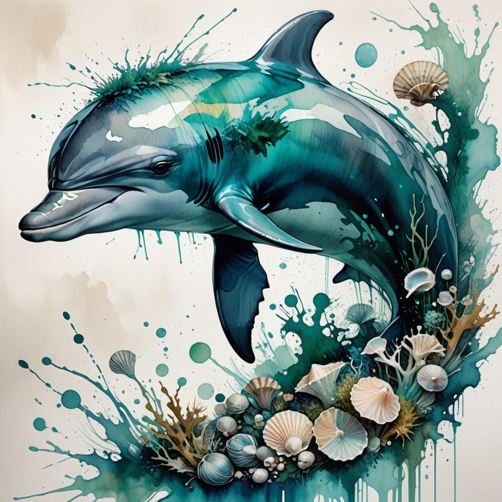 "Double exposure Dolphin, seaweed, shells, sand, watercolor, white background. Elegance, vibrancy of watercolor wash, hi...