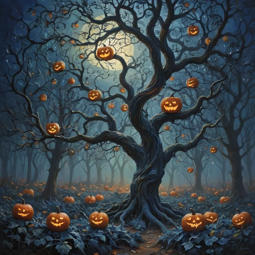 Mystical Pumpkin Patch in Moonlit Forest