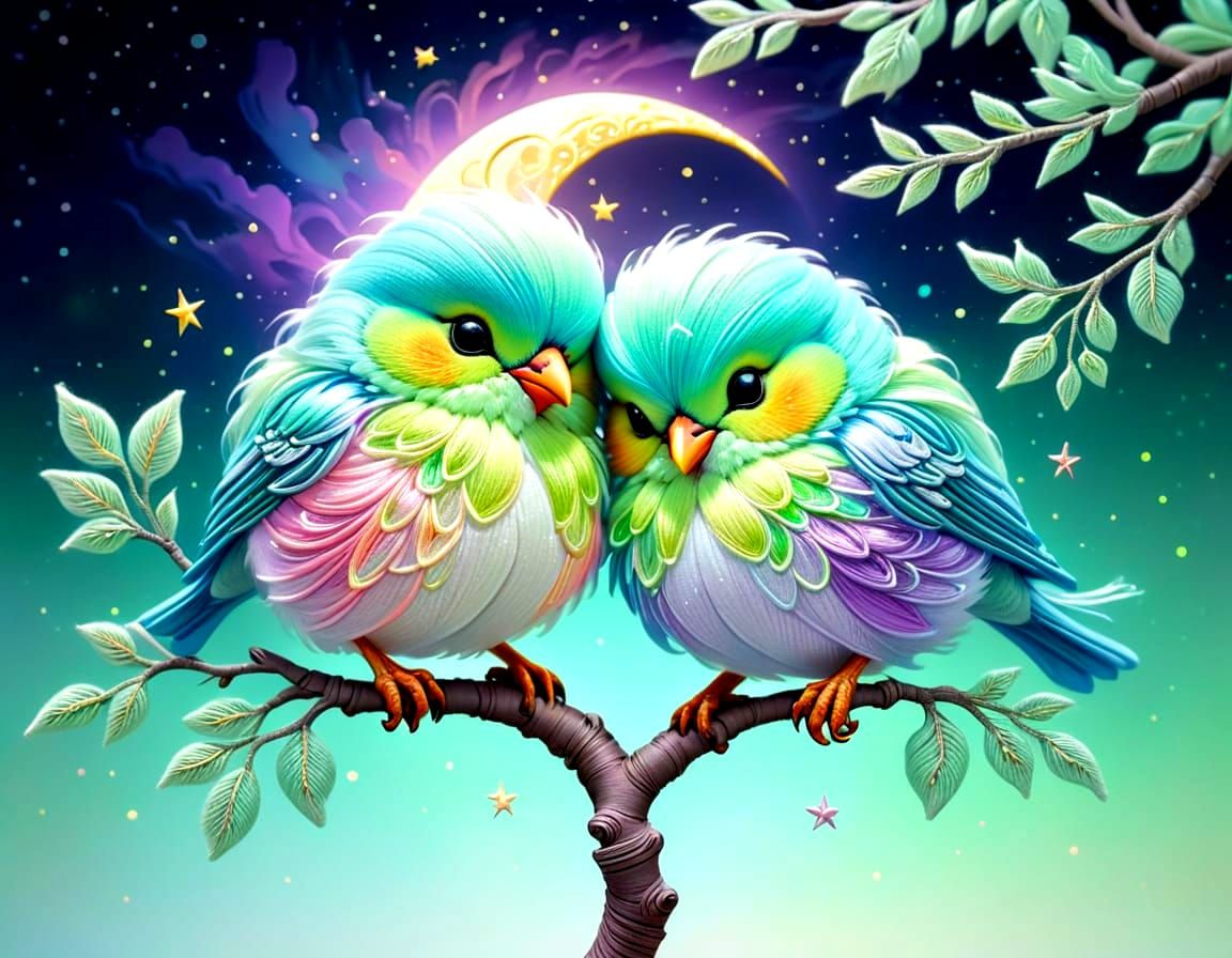 Pastel Stitched Birds in Whimsical Dreamscape