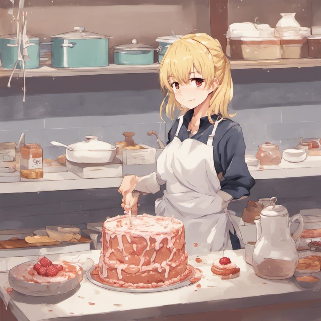 Blonde Woman Baking Cake in Anime Style