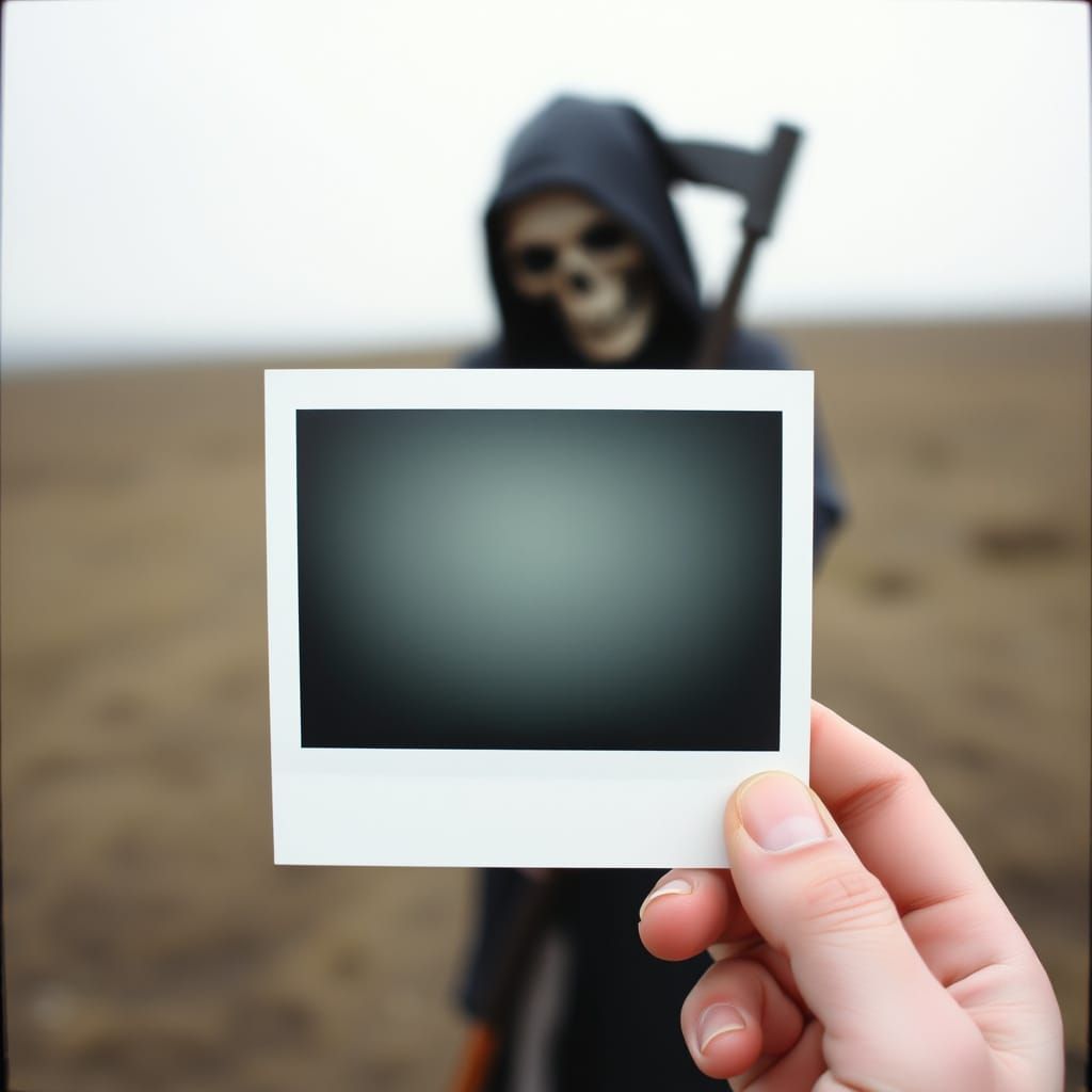 The Grim Reaper Holds Emptiness in a Polaroid