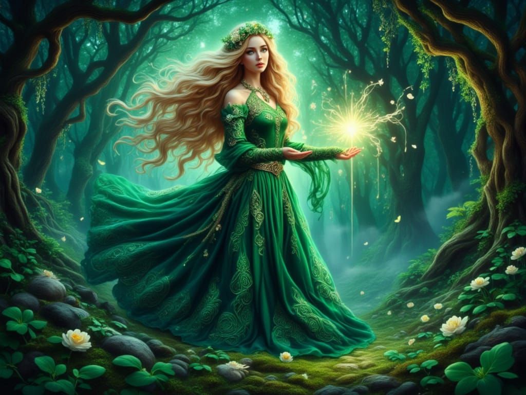 Celtic Sorceress Casting Magic in Ancient Forest