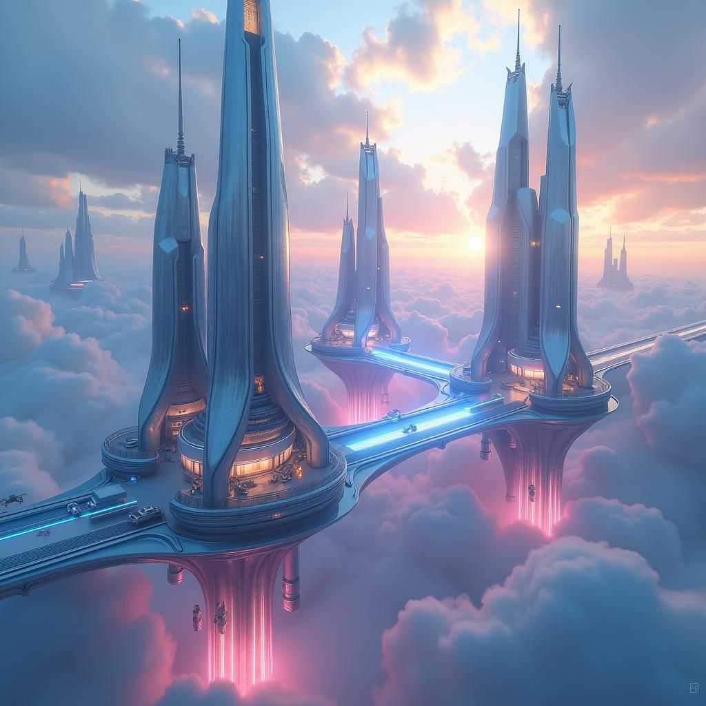 Futuristic City in the Sky: Gleaming Silver Skyscrapers