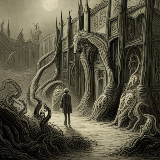 Horrific World Transformation in Engraving Style